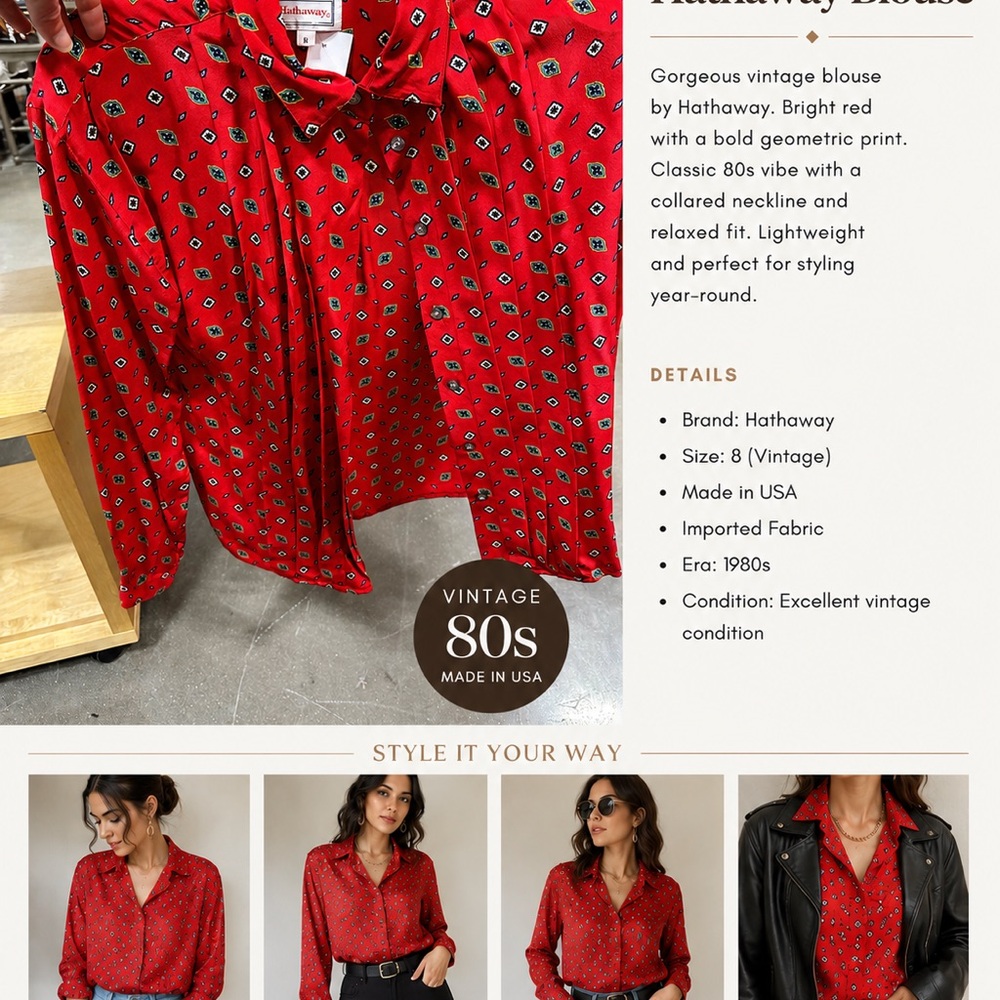 Vintage 100% Silk Red Geometric Button-Up Blouse